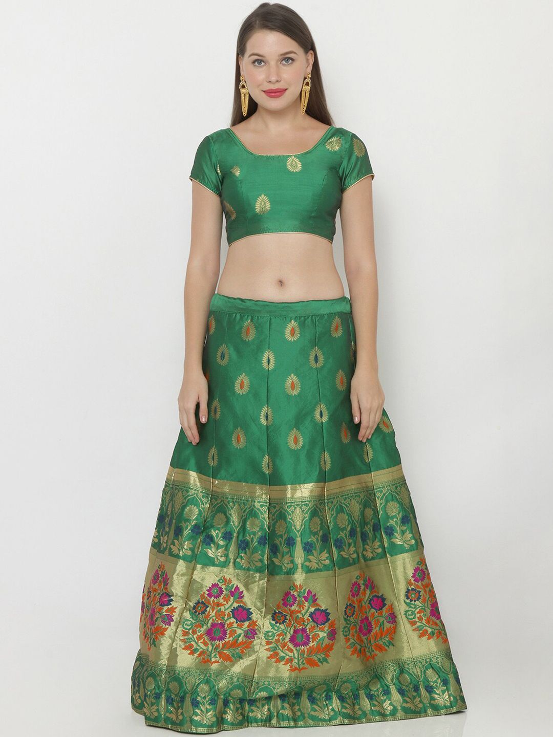 SALWAR STUDIO Women Green & Gold-Colour Woven-Design Semi-Stitched Lehenga & Unstitched Choli Price in India