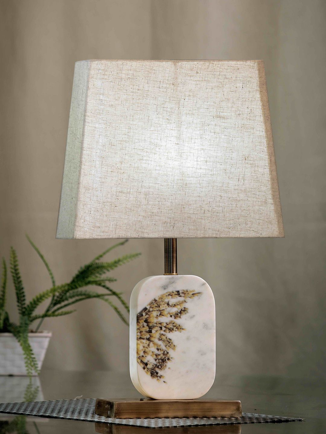 POSH-N-PLUSH Beige & White Solid Winged Marble Table Lamp Price in India