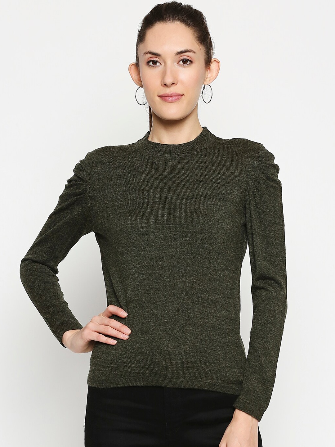 Annabelle by Pantaloons Women Olive Solid Pullover Sweater Price in India