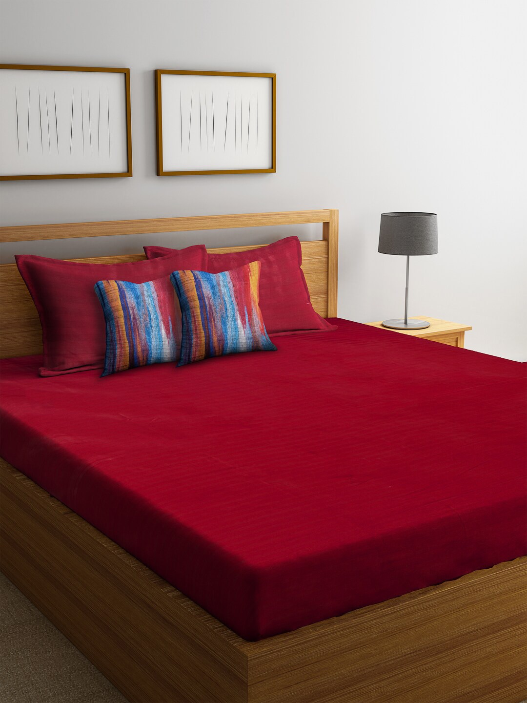 HOSTA HOMES Maroon & Blue Self-Design 300 TC Satin Cotton Double Bedsheet With 2 Pillow Covers & Filled Cushions Price in India
