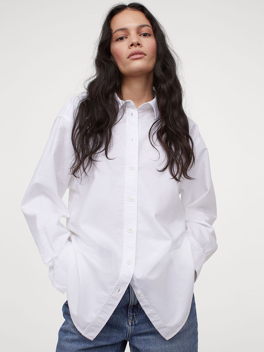 H&M Women White Solid Oversized Oxford Shirt Price in India