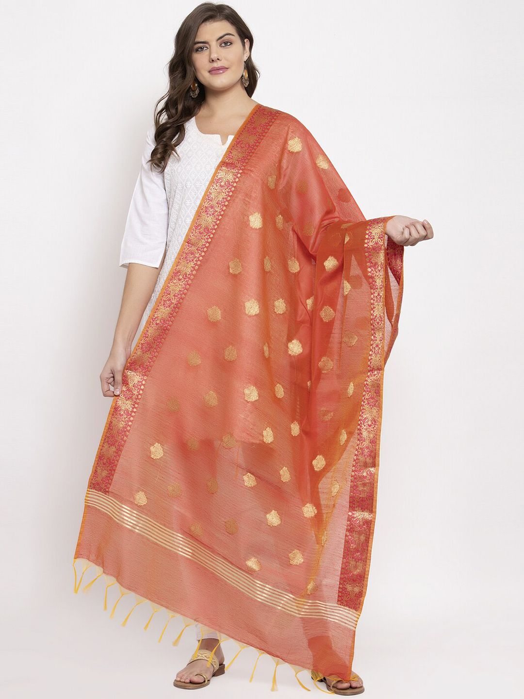 LOOM LEGACY Women Orange & Gold-Colored Woven Design Banarsi Jacquard Dupatta