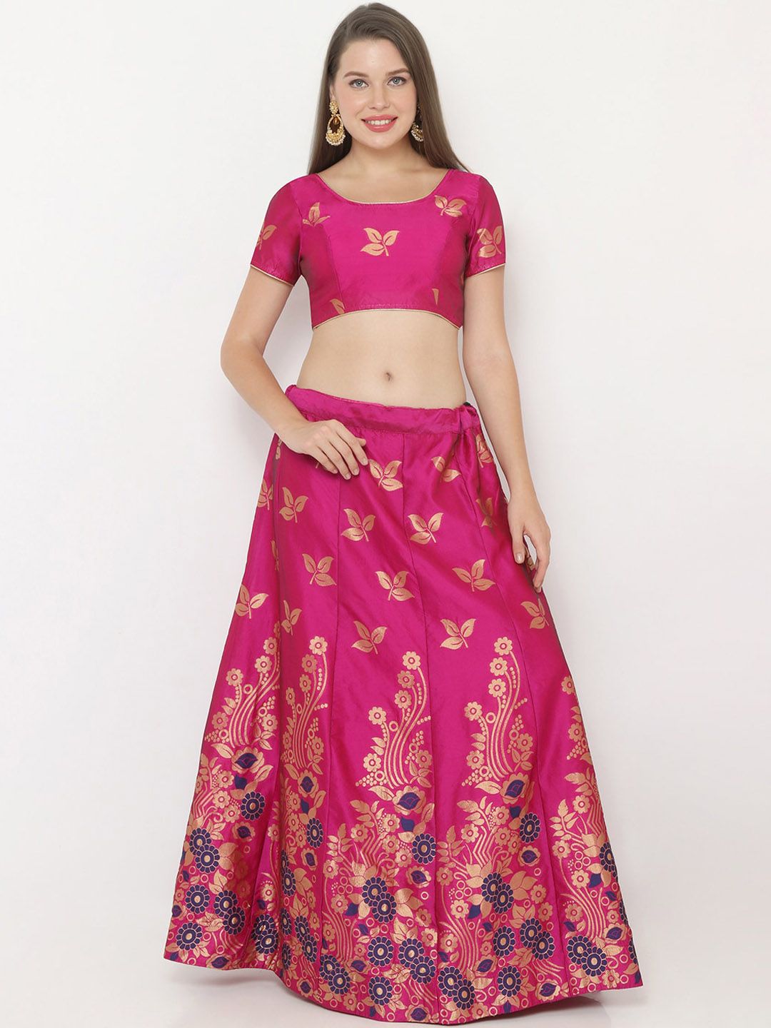 SALWAR STUDIO Women Pink & Gold-Coloured Woven Design Semi-Stitched Lehenga & Unstitched Blouse Price in India