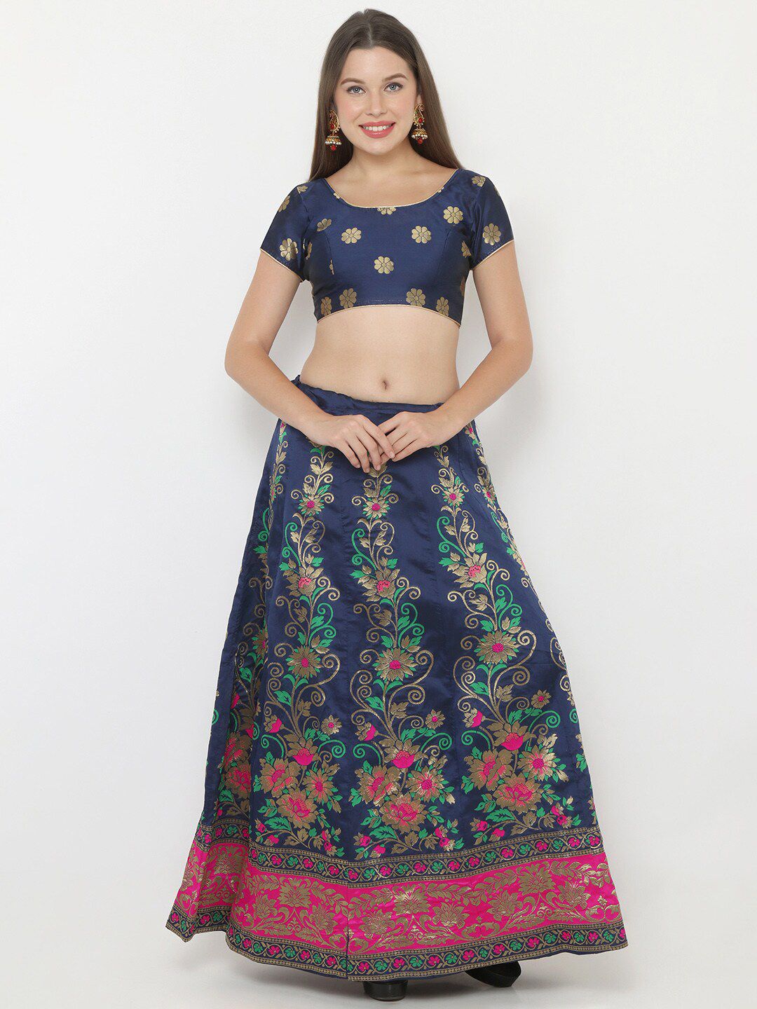 SALWAR STUDIO Women Navy Blue & Pink Woven Design Unstitched Blouse With Semi-Stitched Lehenga Price in India