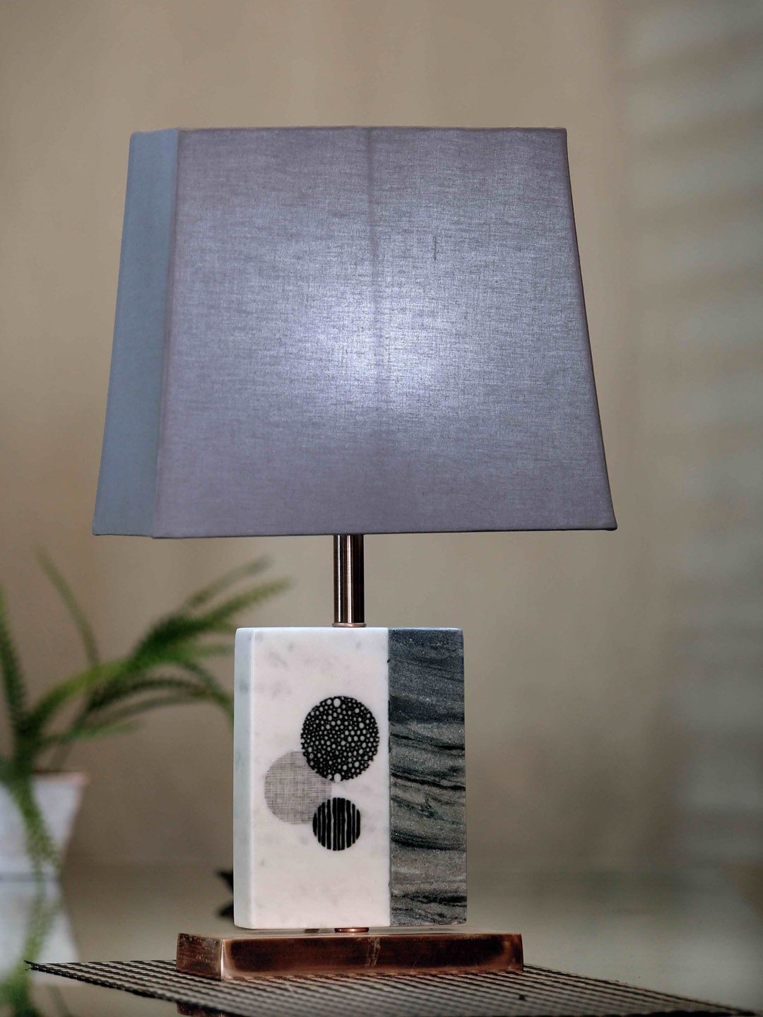 POSH-N-PLUSH Grey & White Printed Contemporary Bedside Standard Table Lamp Price in India