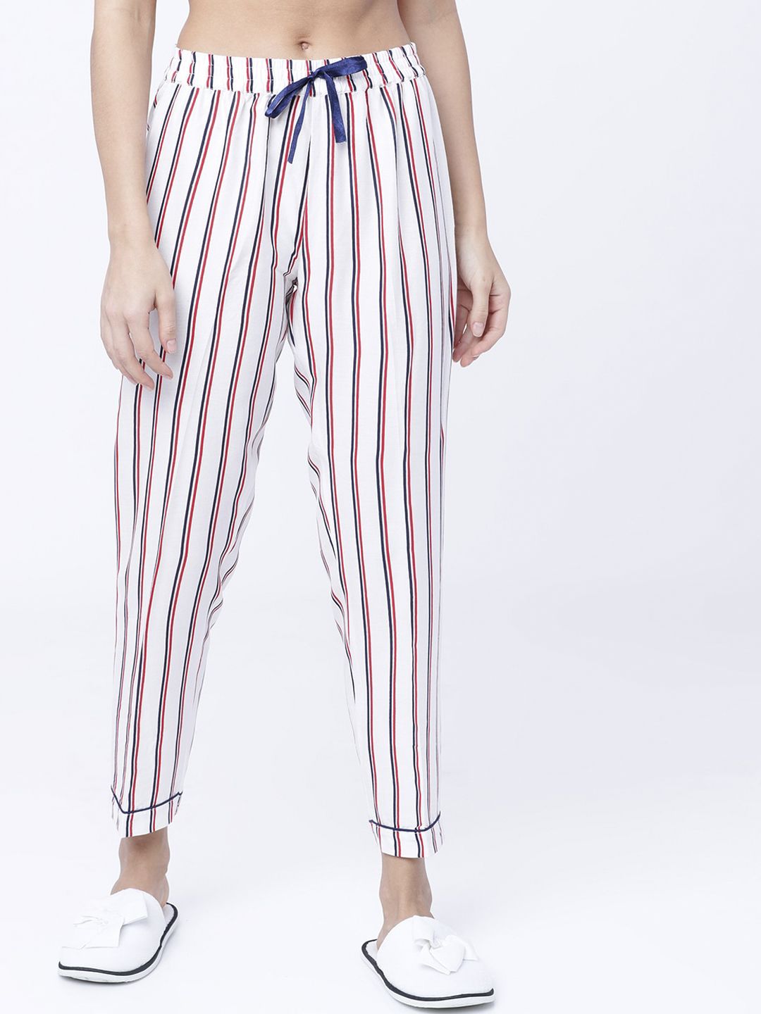 Tokyo Talkies Women White & Red Striped Lounge Pants Price in India