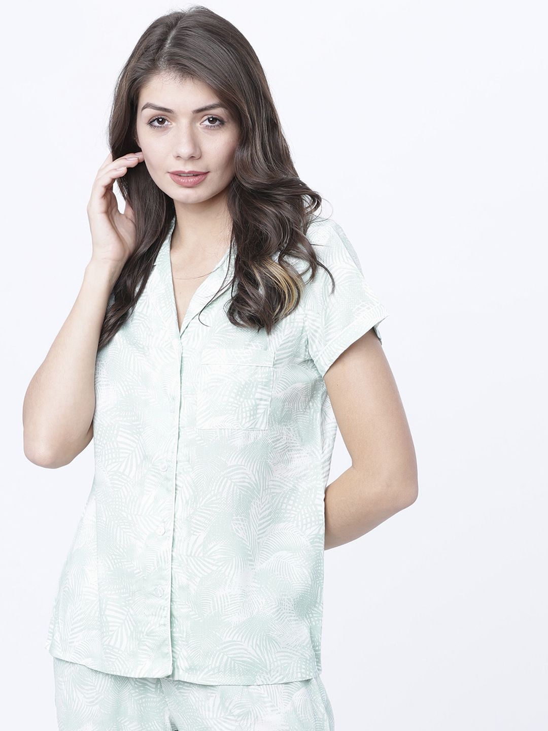 Tokyo Talkies Women White & Green Printed Sleep Shirt Price in India