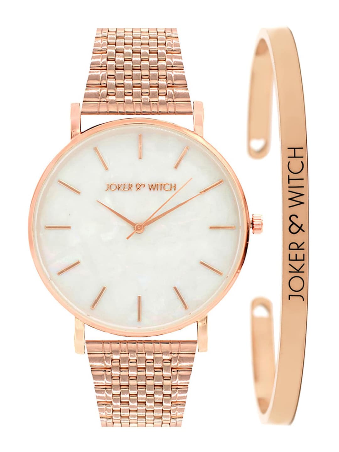JOKER & WITCH Women White & Rose Gold-Toned Champagne Watch & Bracelet Gift Set