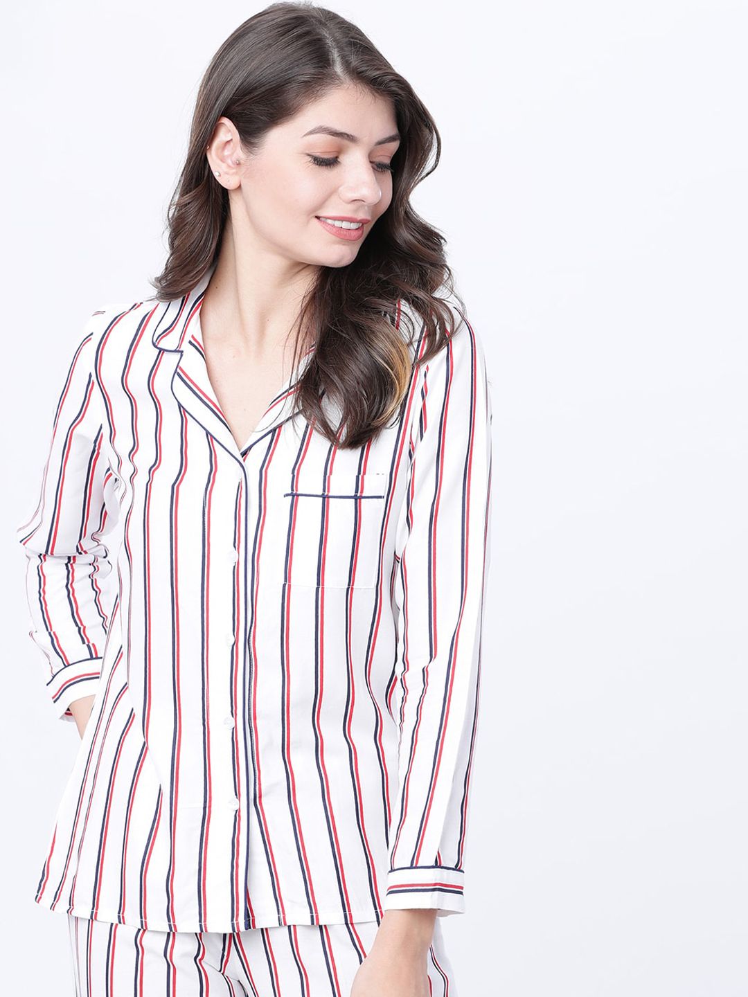Tokyo Talkies Women Red & Navy Blue Regular Fit Striped Sleep Shirt Price in India