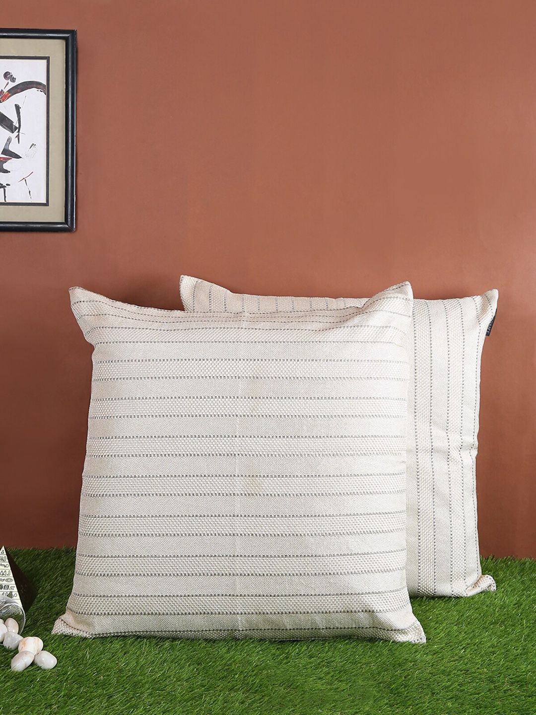 ROMEE Set of 2 White & Grey Striped Square Cushion Covers Price in India