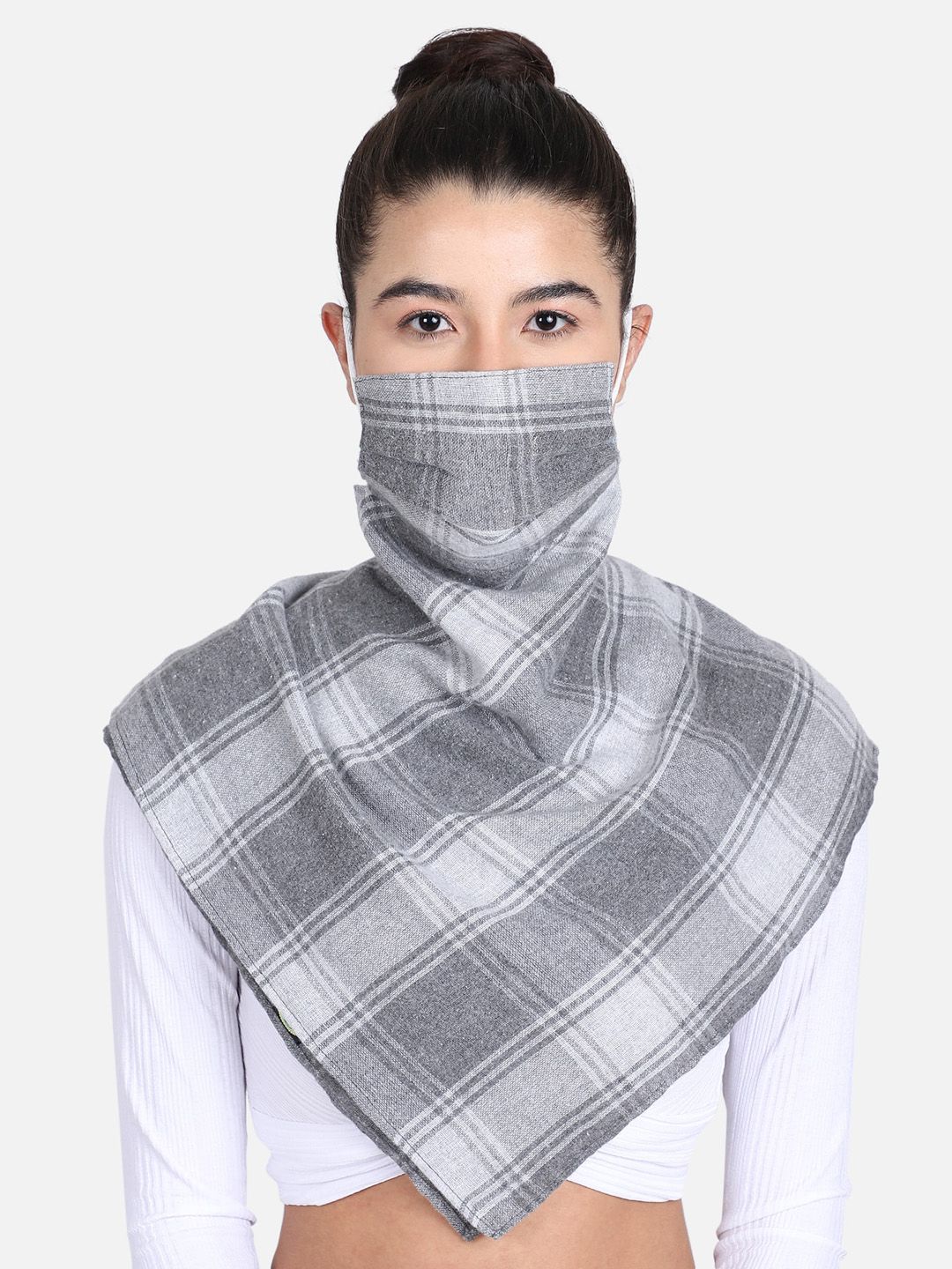 Anekaant Women Grey & White Checked 3-Ply Reusable Scarf Style Fashion Mask Price in India
