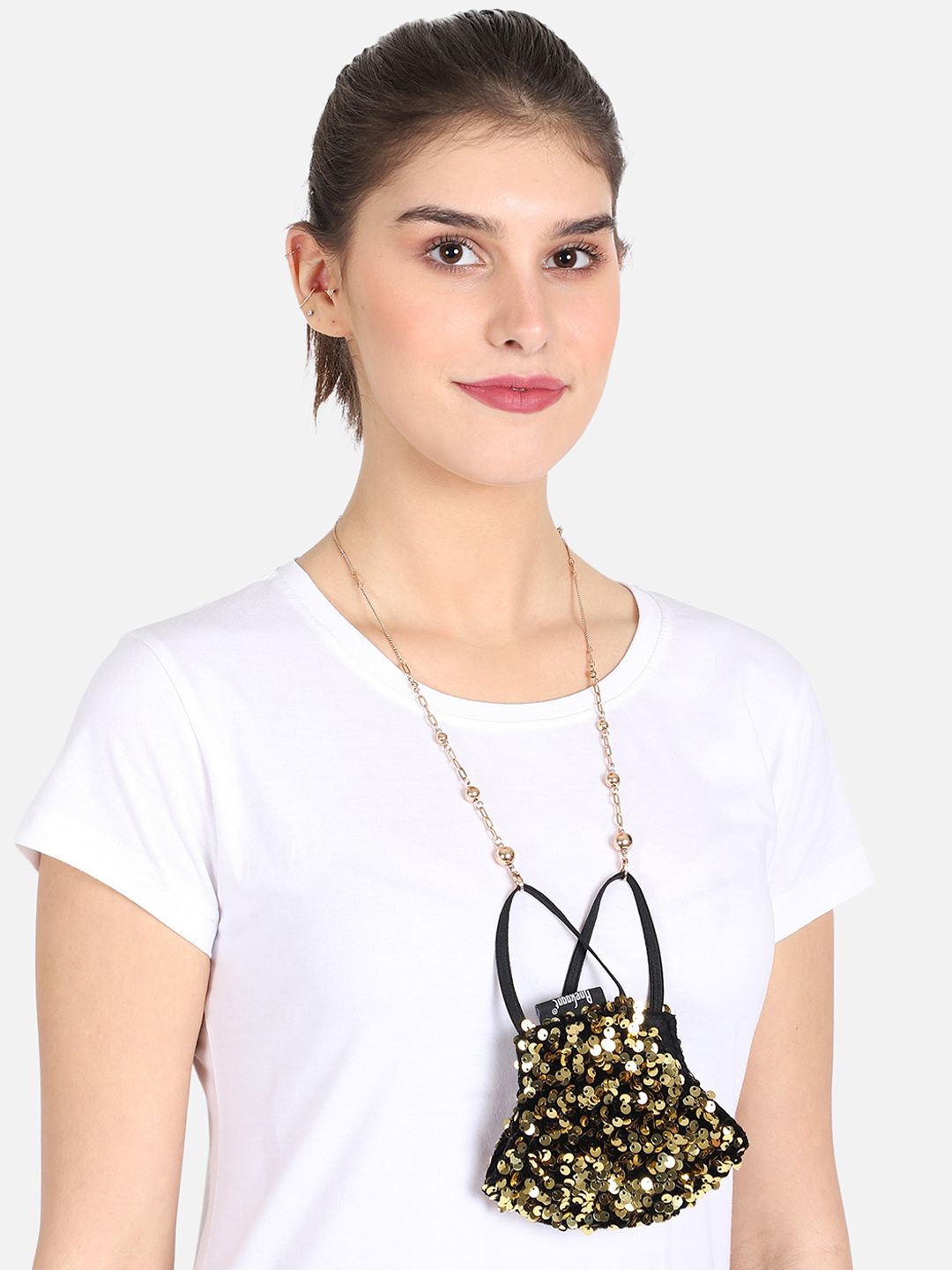 Anekaant Women Black & Gold-coloured Sclupted Sequin Reusable 3-Ply Fashion Mask With Embellished Lanyard Chain Price in India