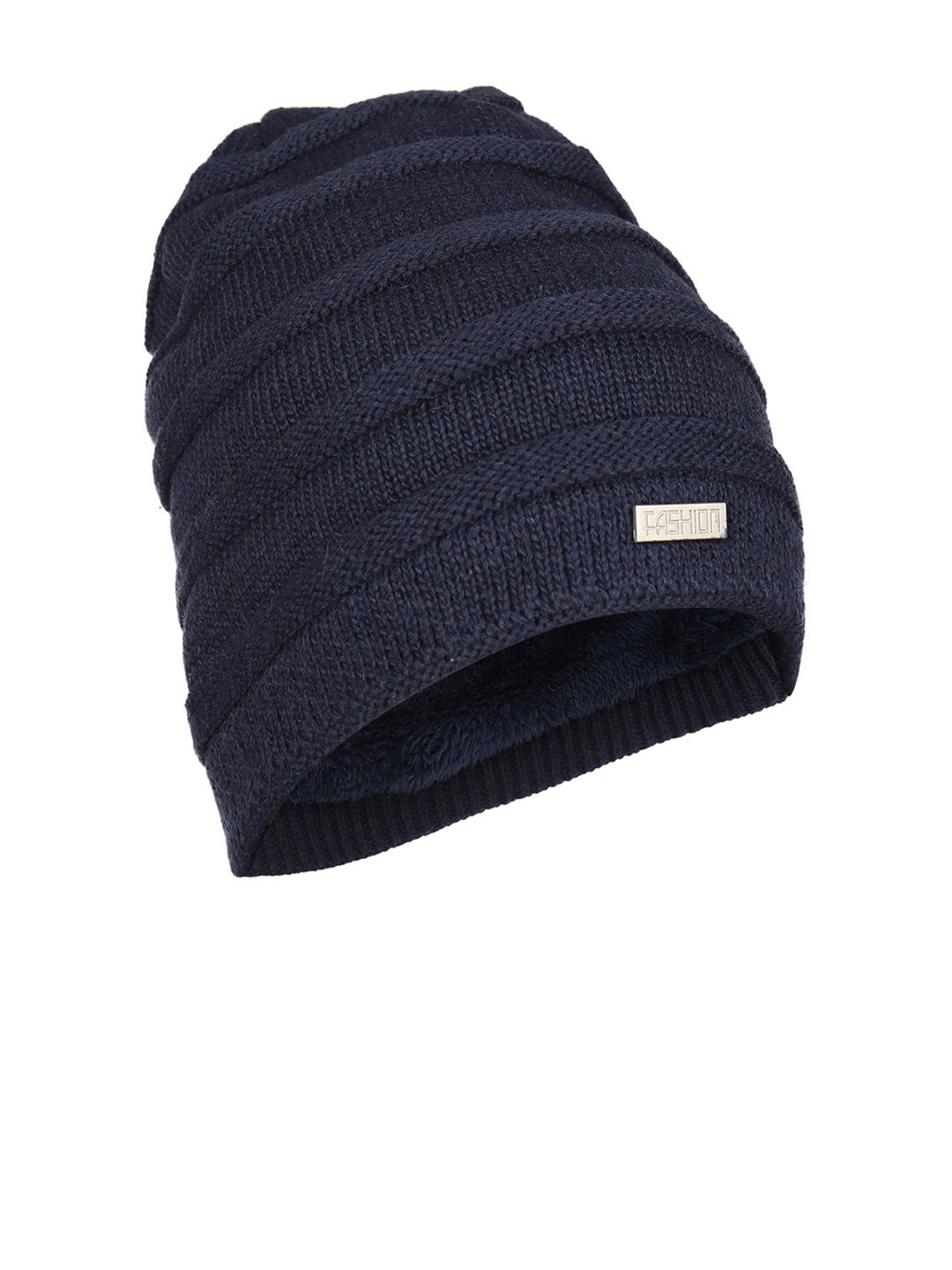 iSWEVEN Unisex Blue Solid Self-Design Woven Expandable Beanie Price in India