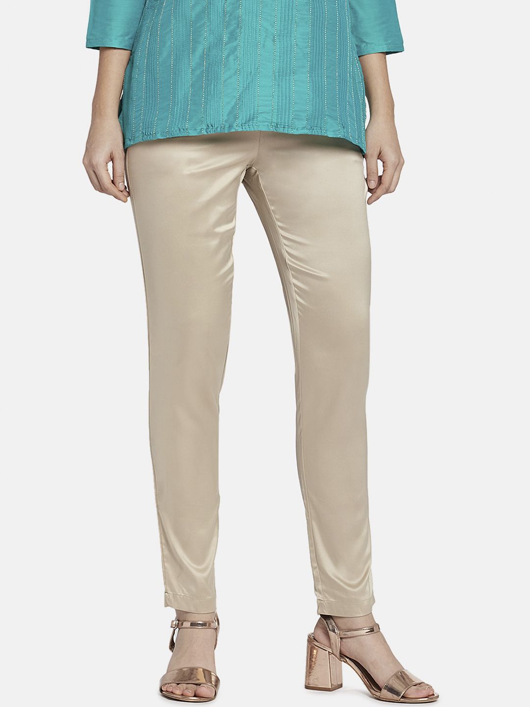 Go Colors Women Gold-Toned Tapered Fit Solid Regular Trousers Price in India