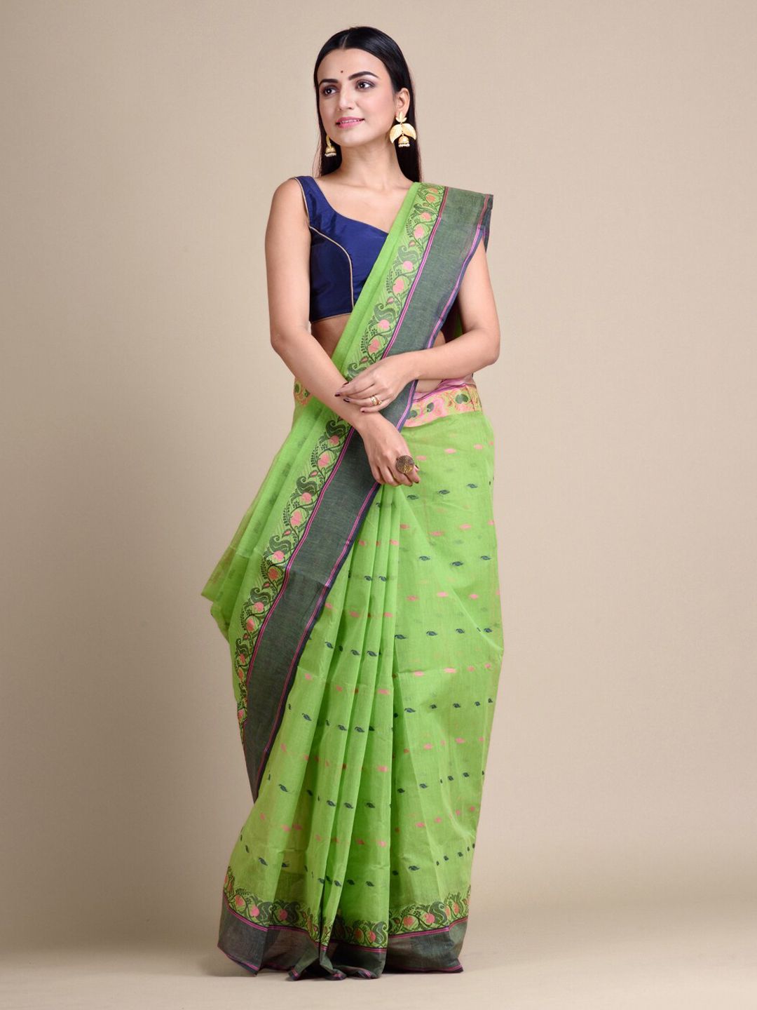 Mitera Green Pure Cotton Woven Design Taant Saree Price in India