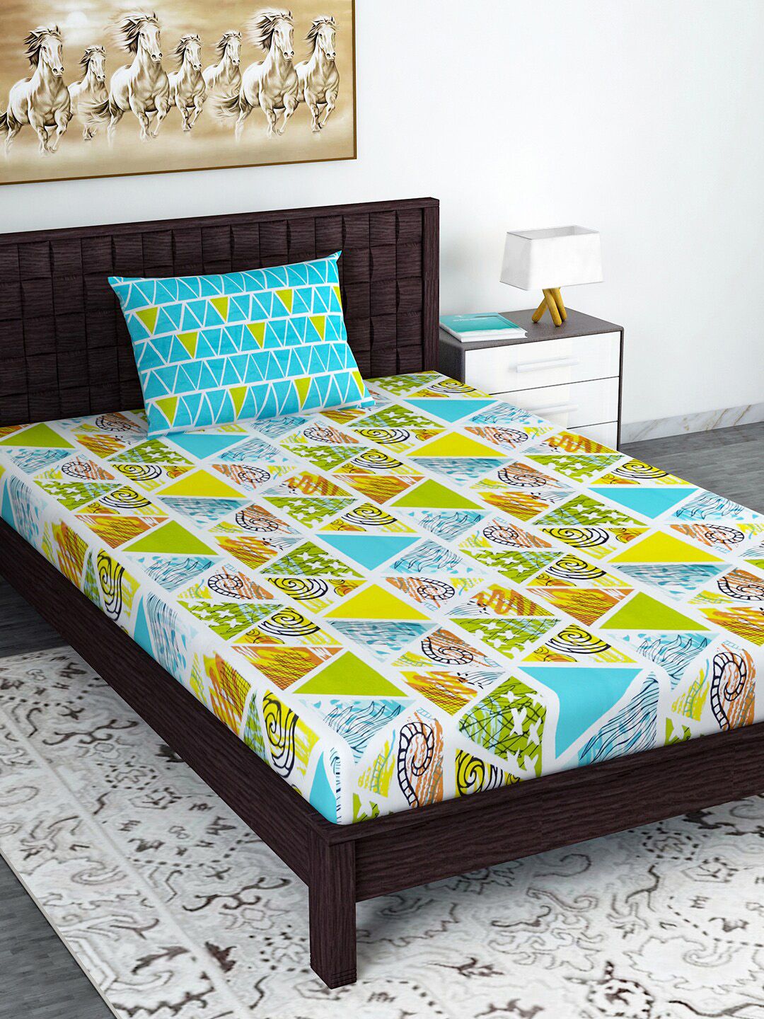 Divine Casa White & Blue Printed 144 TC Single Bedsheet with Pillow Cover Price in India