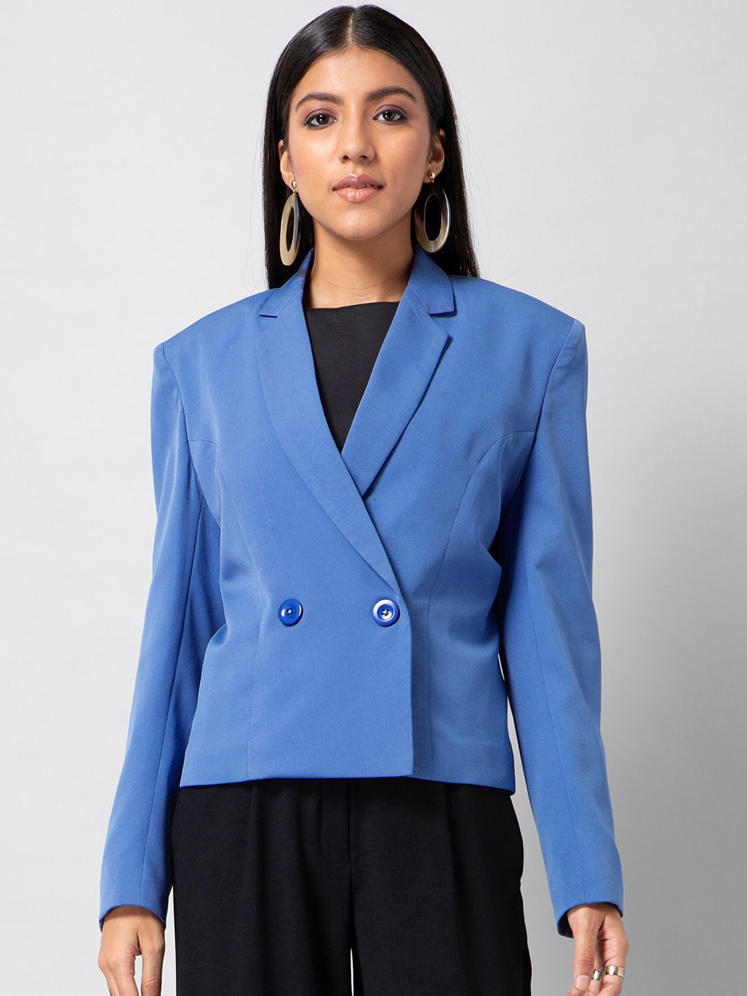 FabAlley Women Blue Solid Double-Breasted Formal Blazer Price in India