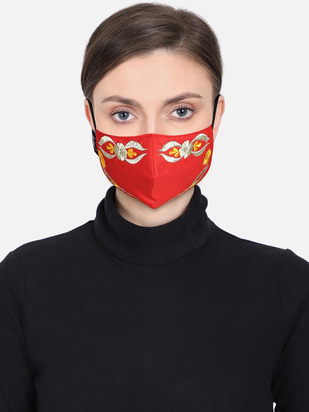 Anekaant Women Red & Gold-Coloured Embroidered 3-Ply Reusable Outdoor Face Mask Price in India