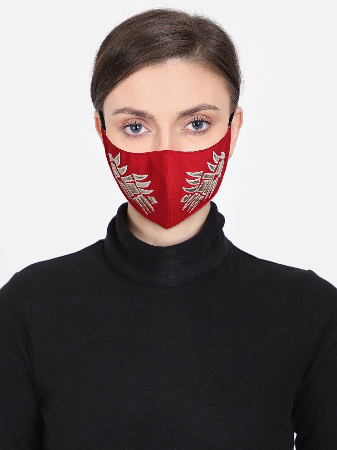 Anekaant Women Red & White Patch Work Embroidered 3-Ply Reusable Cloth Mask Price in India