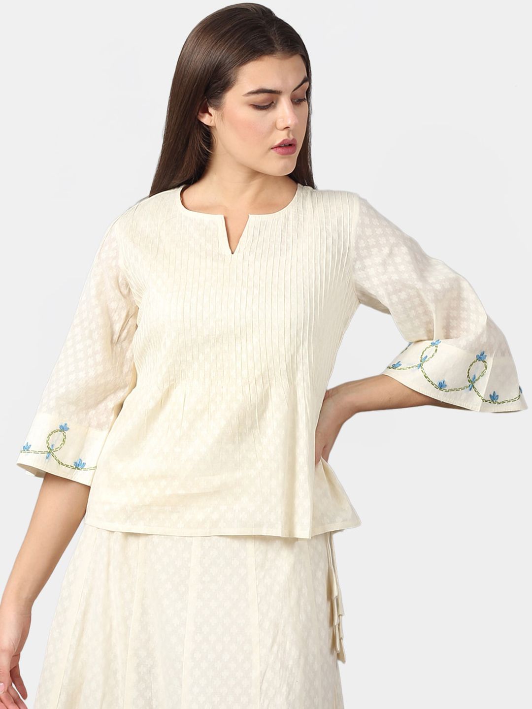 DART STUDIO Women Off-White Self Design Sustainable Top