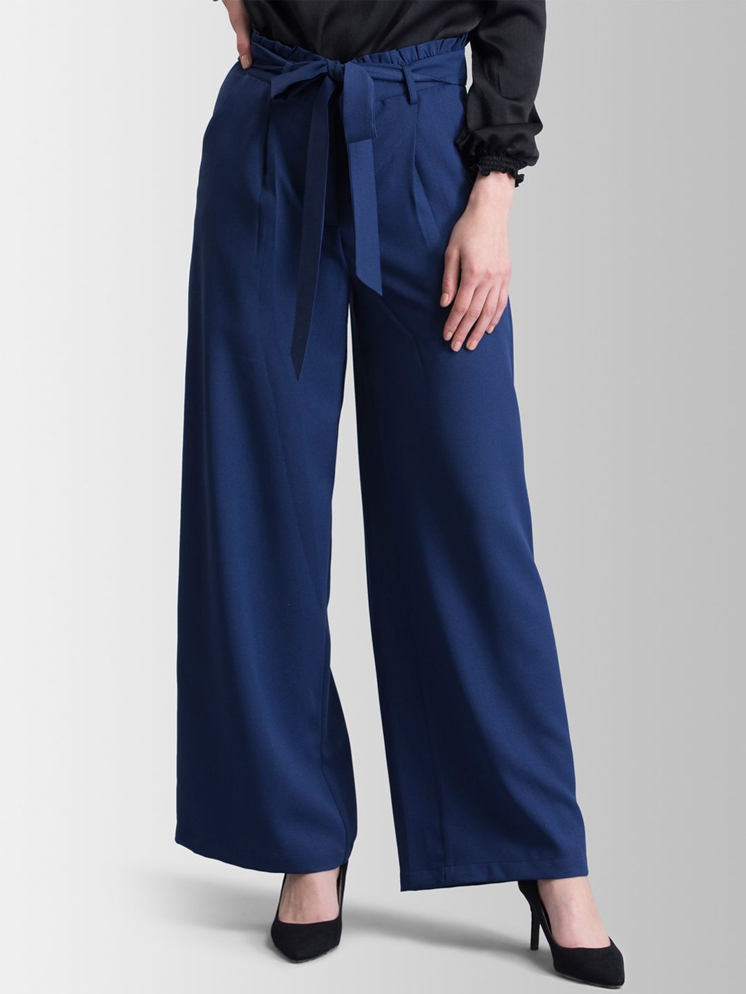 FableStreet Women Navy Blue Flared Solid Parallel Trousers Price in India