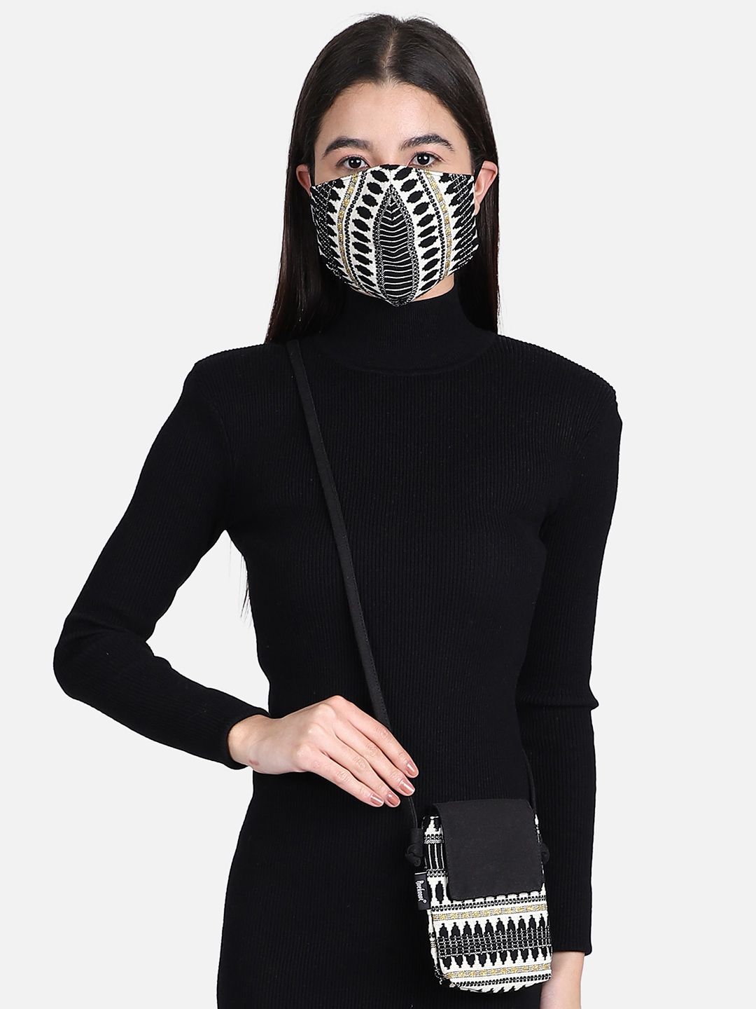 Anekaant Black & White Jacquard Reusable 3-Ply Fabric Fashion Mask With Mobile Sling Price in India