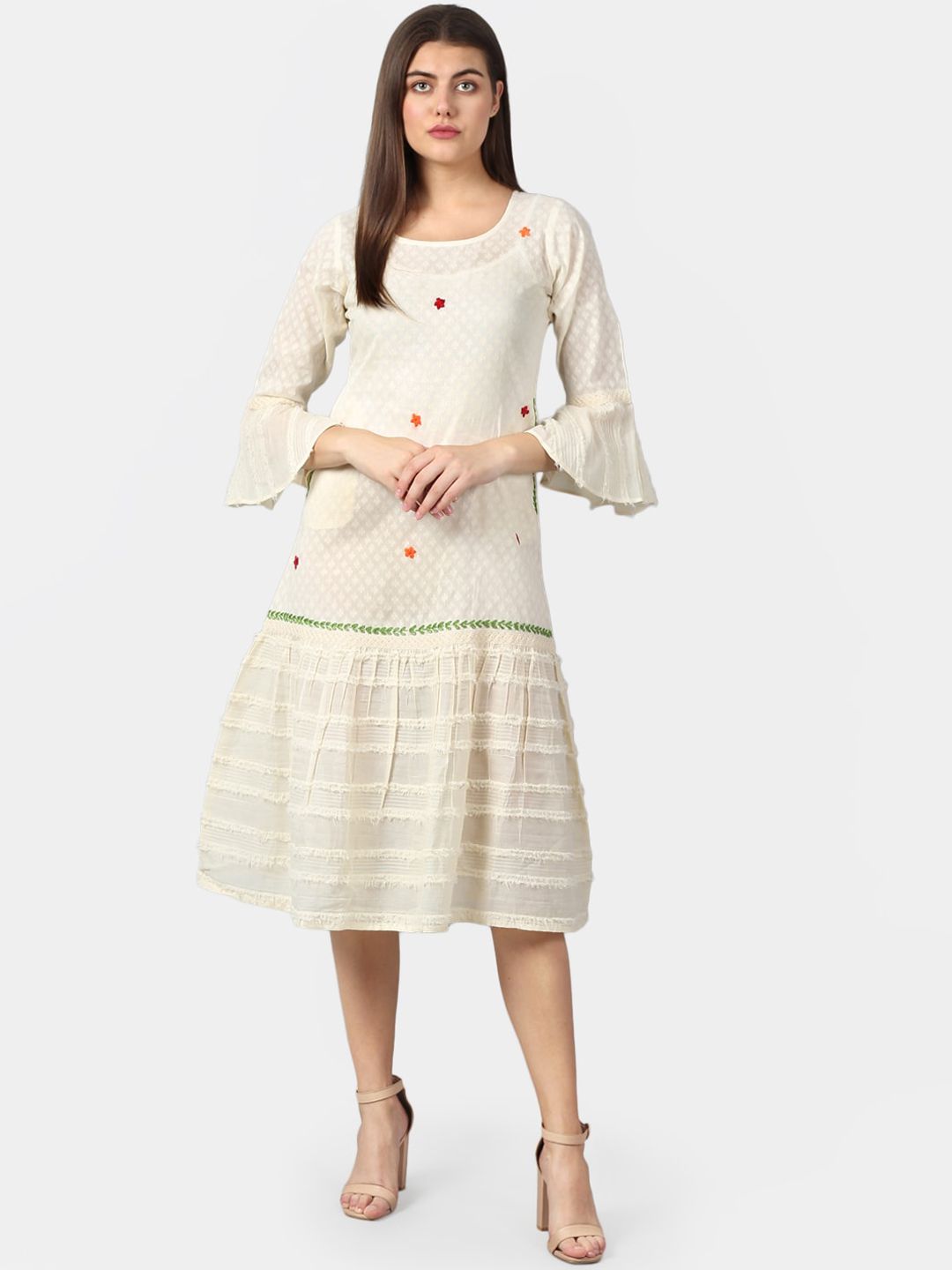 DART STUDIO Women Off-White Self Design Cotton A-Line Sustainable Dress Price in India