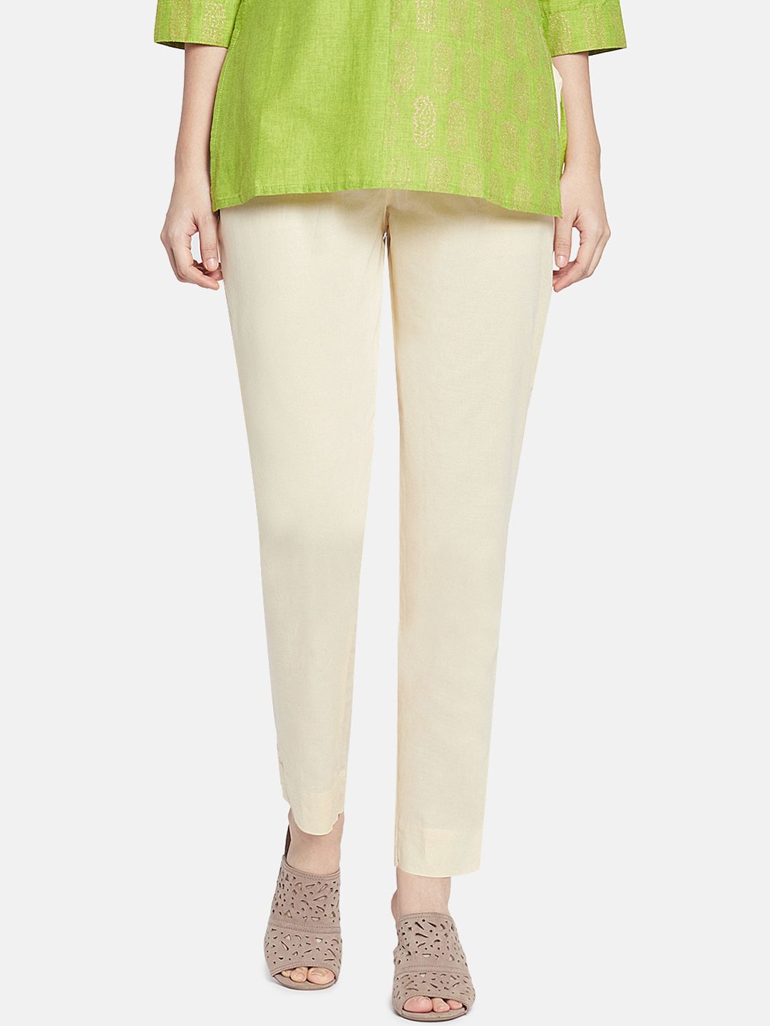 Go Colors Women Cream-Coloured Tapered Fit Solid Regular Trousers Price in India