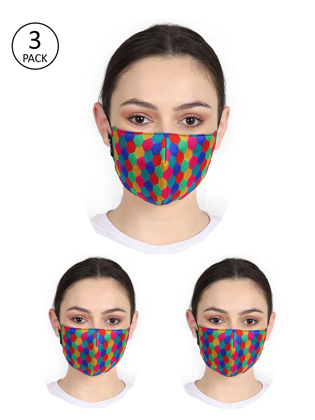 Anekaant Unisex Pack Of 3 Multicolored Honeycomb Print 3-Ply Reusable Cloth Mask Price in India