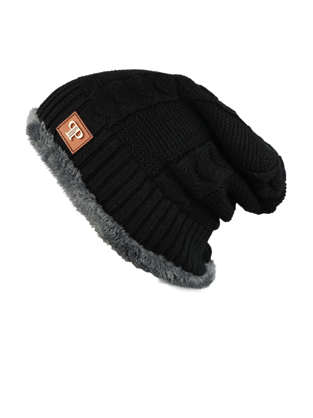 iSWEVEN Unisex Black Self-Design Woven Expandable Beanie Price in India