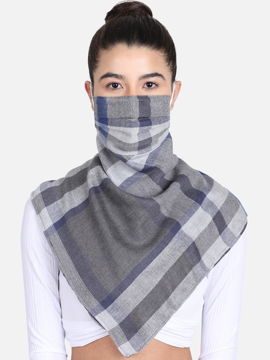 Anekaant Women Grey Checked 3-Ply Anti-Pollution Reusable Scarf Style Mask Price in India