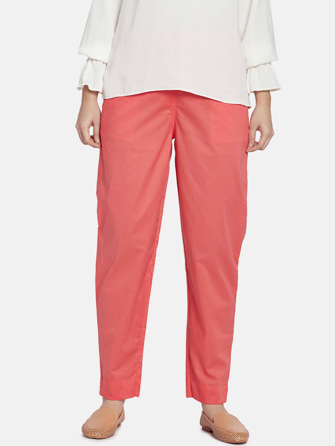 Go Colors Women Coral Tapered Fit Solid Regular Trousers Price in India