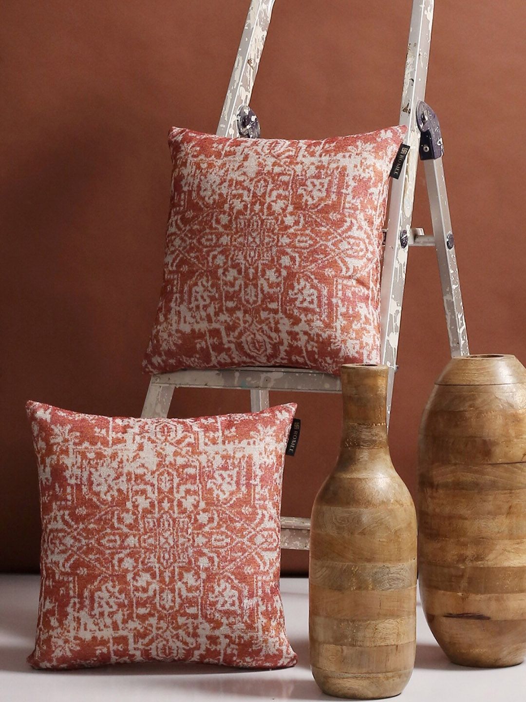 ROMEE Set Of 2 Orange & Beige Printed Square Cushion Covers Price in India