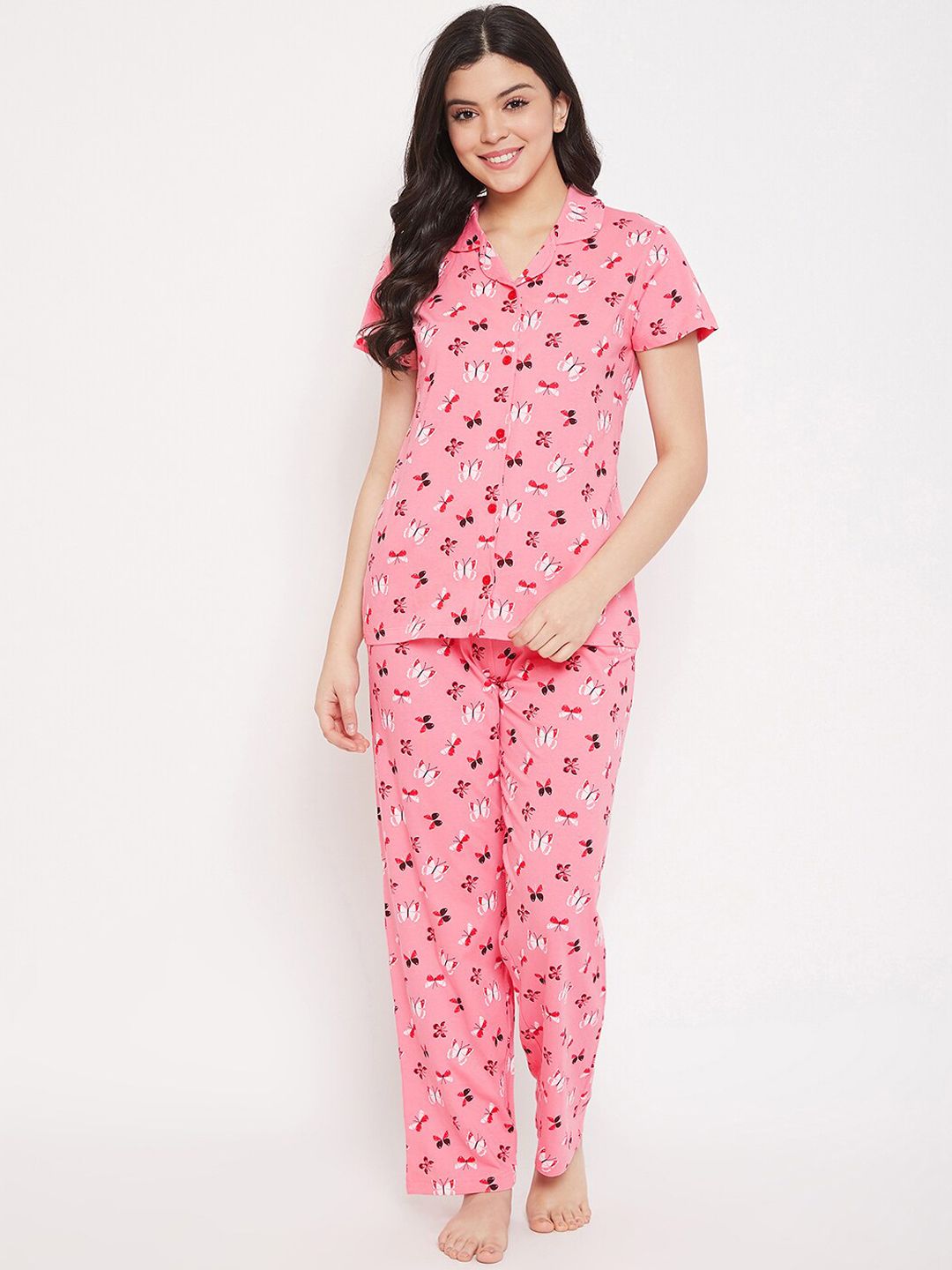 Clovia Women Pink & Red Printed Cotton Night Suit Price in India