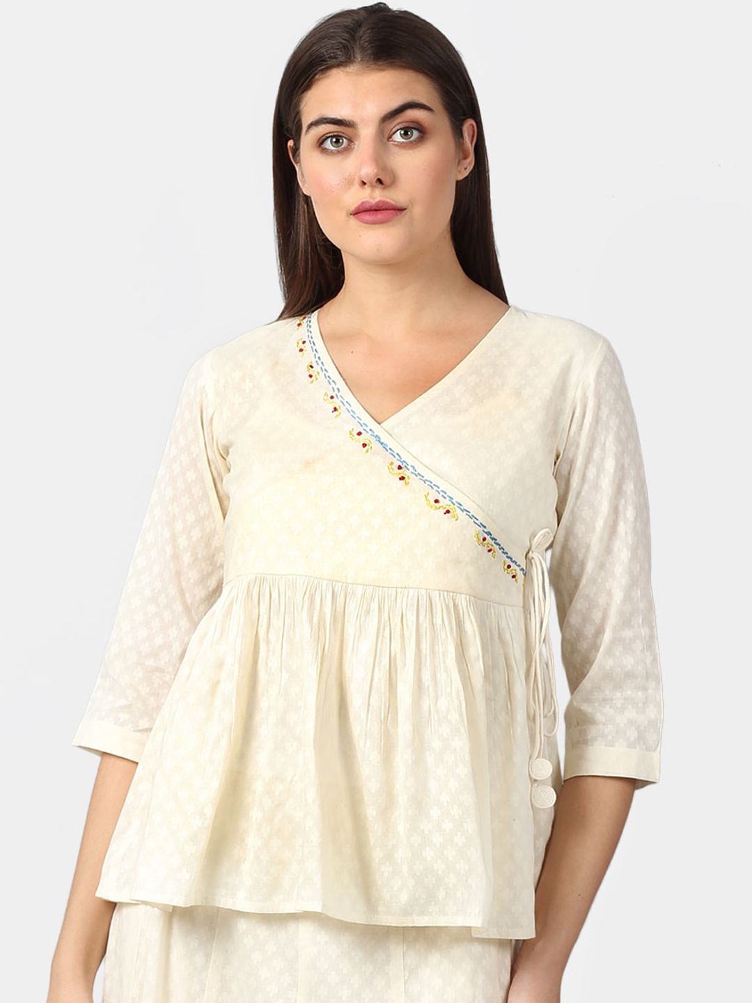 DART STUDIO Women Off-White Self Design Sustainable Wrap Top
