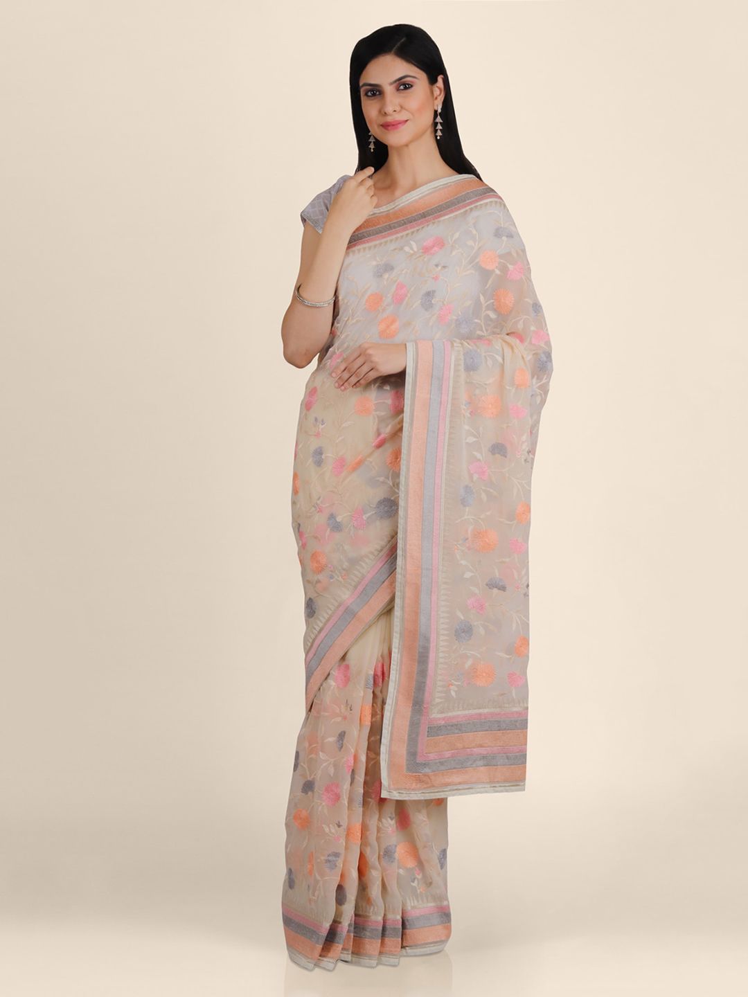 KAJREE Off-White Pure Georgette Embroidered Mysore Silk Saree Price in India