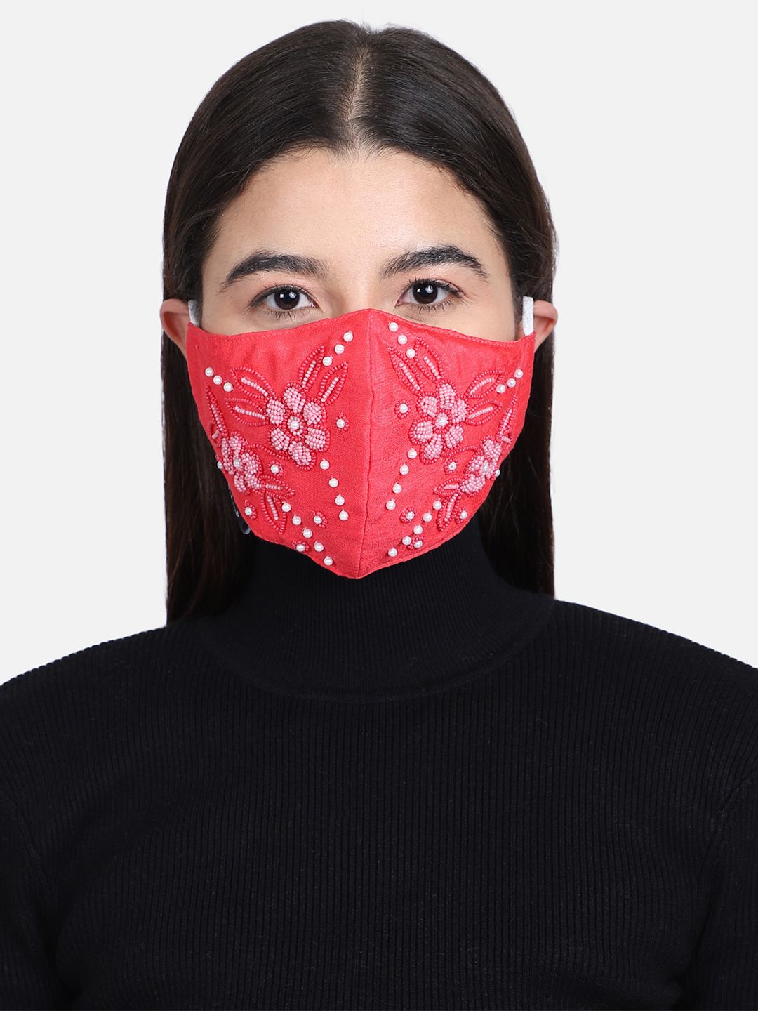 Anekaant Women Coral Red & Pink Embroidered Reusable 3-Ply Fabric Fashion Mask Price in India