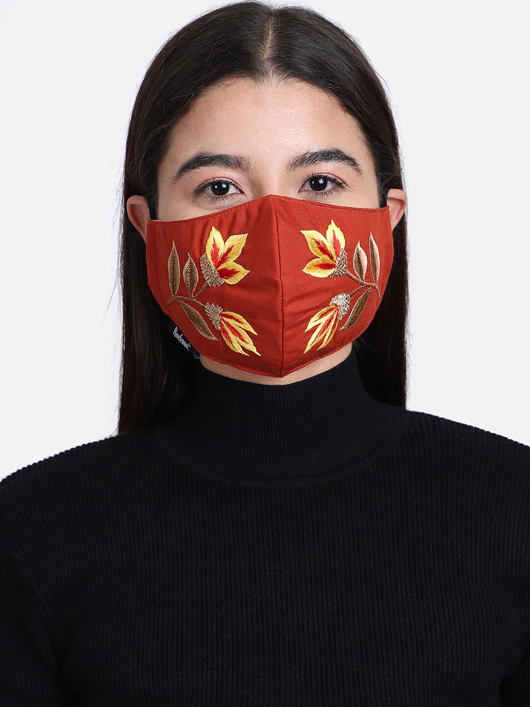 Anekaant Women Rust Orange & Yellow Embroidered 3-Ply Reusable Outdoor Face Mask Price in India
