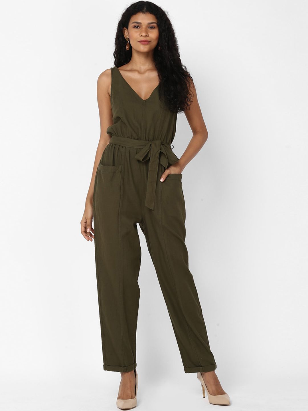 AMERICAN EAGLE OUTFITTERS Women Olive Green Solid Cotton Jumpsuit Price in India