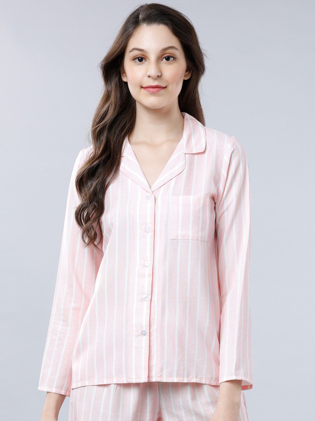 Tokyo Talkies Women Pink & White Striped Sleep Shirt Price in India