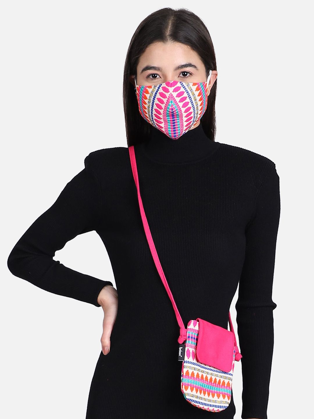 Anekaant Women Pink & Orange Cotton Jacquard Fabric 3-Ply Reusable Fashion Mask With Mobile Sling Price in India