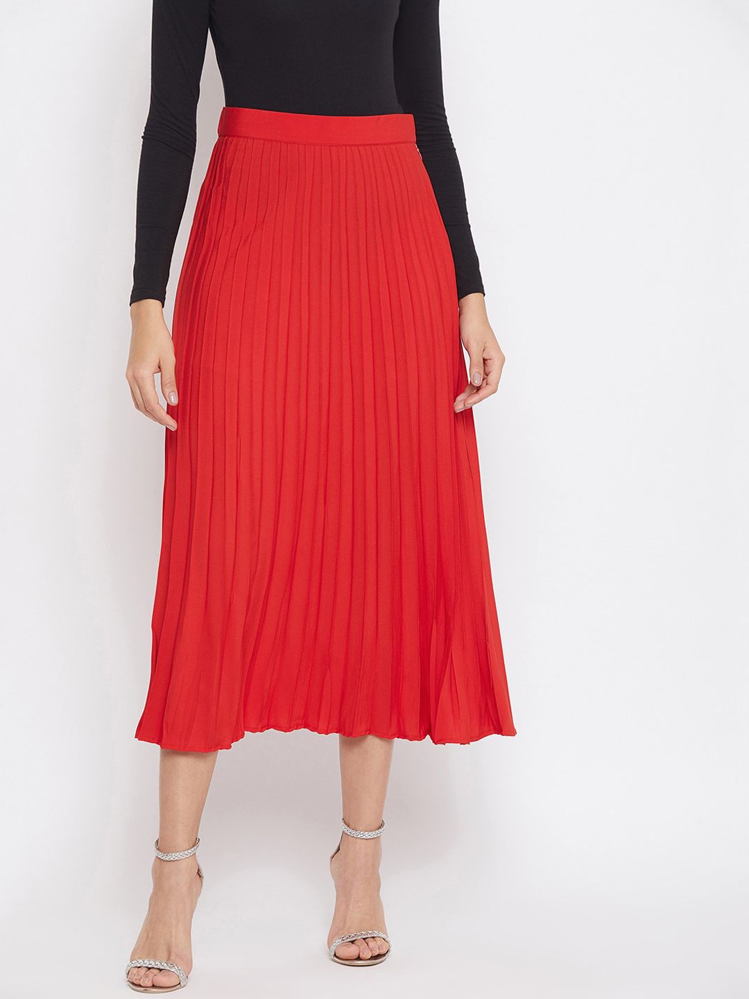 Uptownie Lite Women Red Solid Pleated Midi Flare Skirt