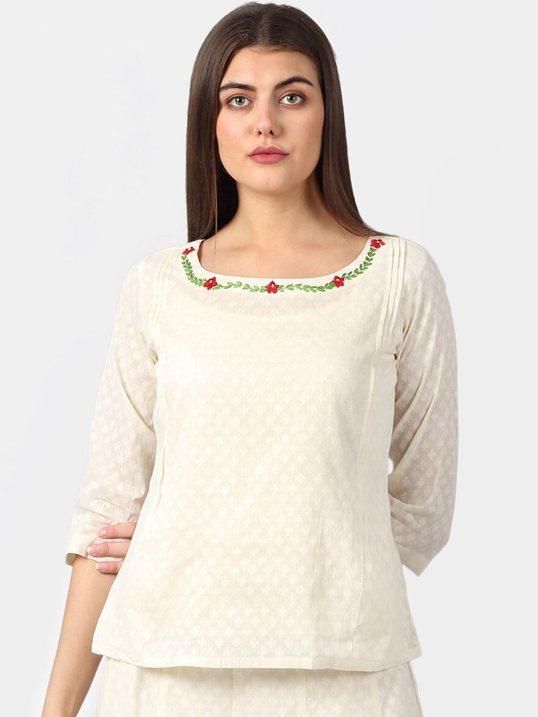 DART STUDIO Women Off-White Self Design Sustainable Top