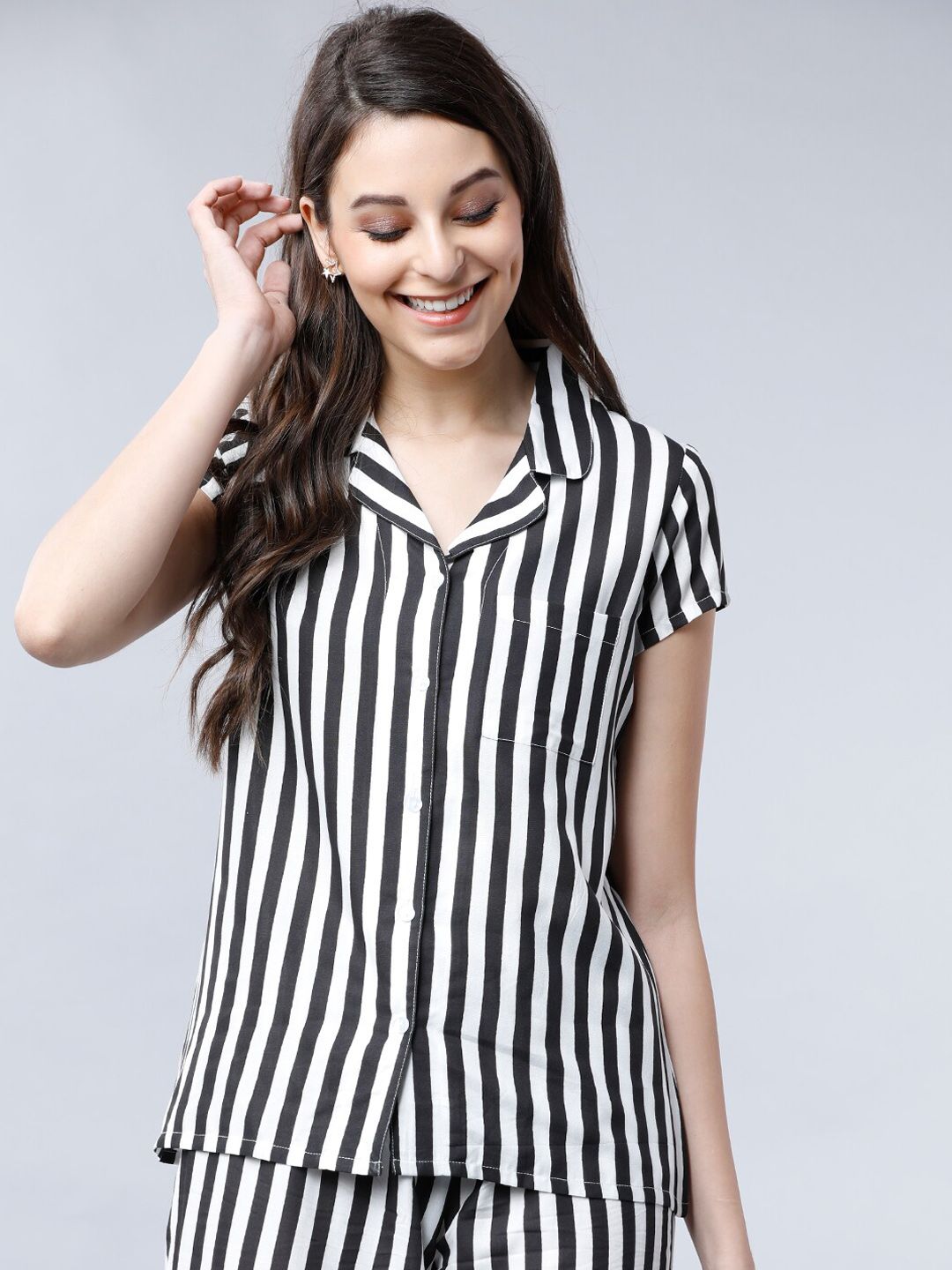 Tokyo Talkies Women Black & White Regular Fit Striped Sleep Shirt Price in India