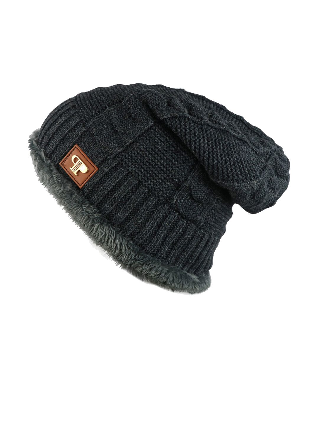 iSWEVEN Unisex Grey Self-Design Woven Expandable Beanie Price in India