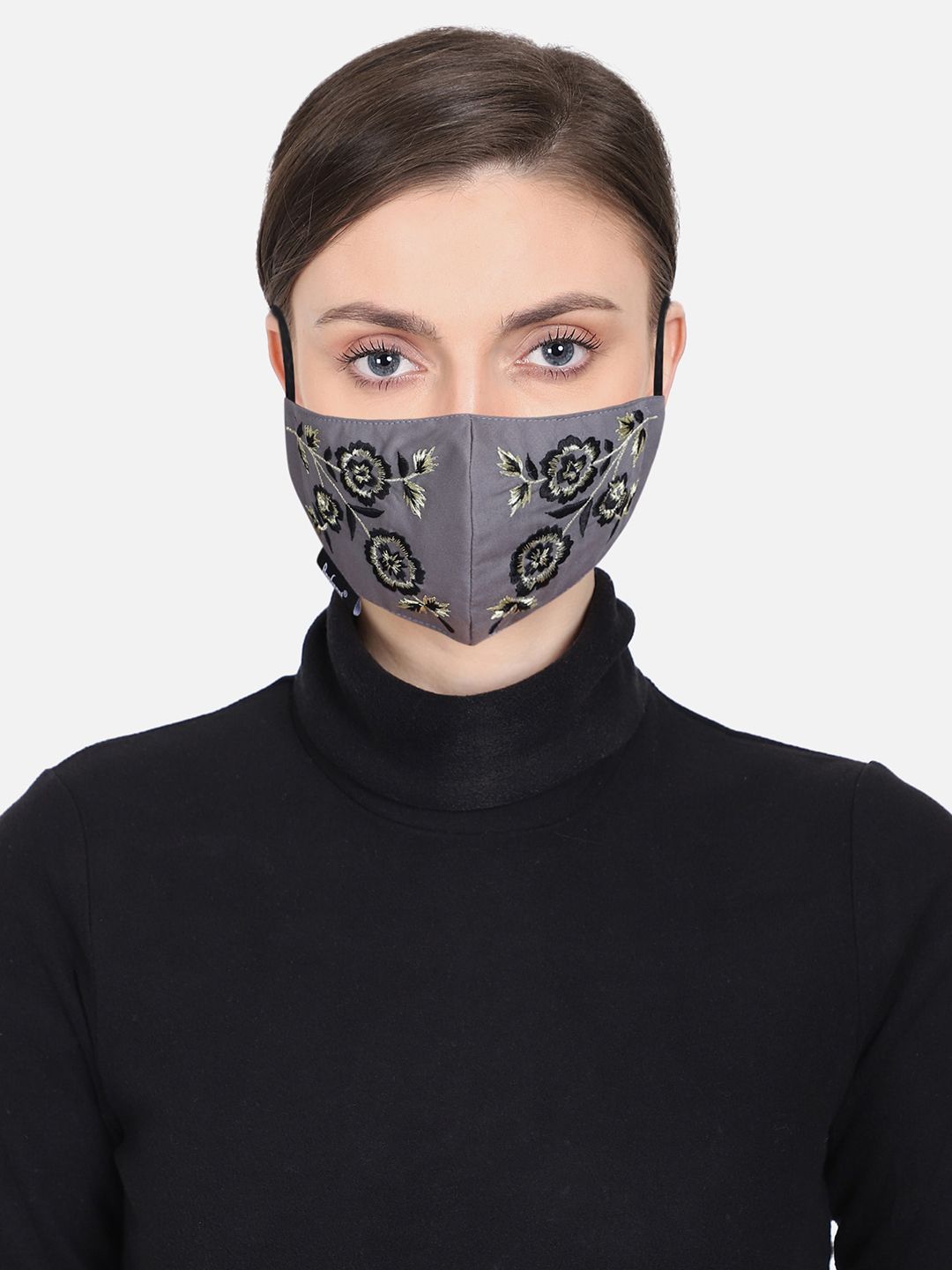 Anekaant Women Grey & Black Floral Embroided 3-Ply Reusable Outdoor Face Masks Price in India