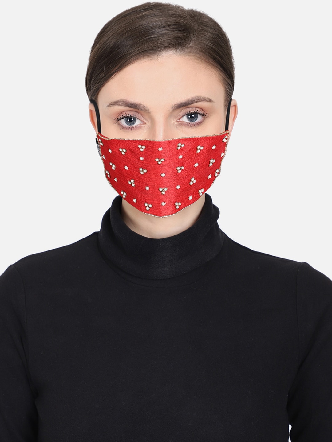 Anekaant Women Red & Gold-Coloured Embellished 3-Ply Reusable Outdoor Face Mask Price in India