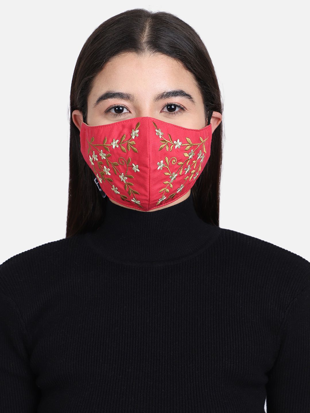 Anekaant Women Pink & Gold-Coloured Embroidered 3-Ply Reusable Outdoor Face Mask Price in India