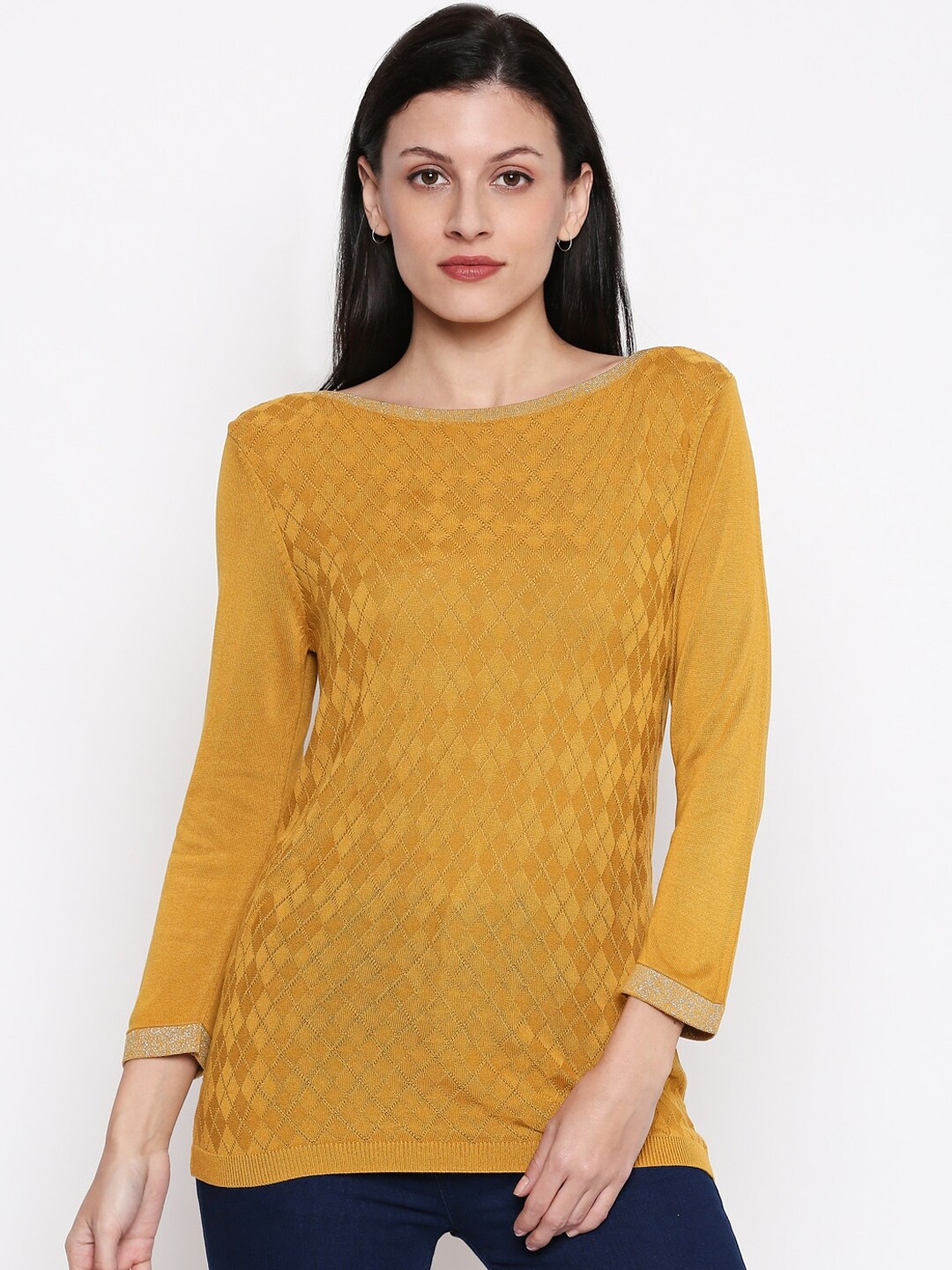 Annabelle by Pantaloons Women Mustard Yellow Self Design Pullover Sweater Price in India