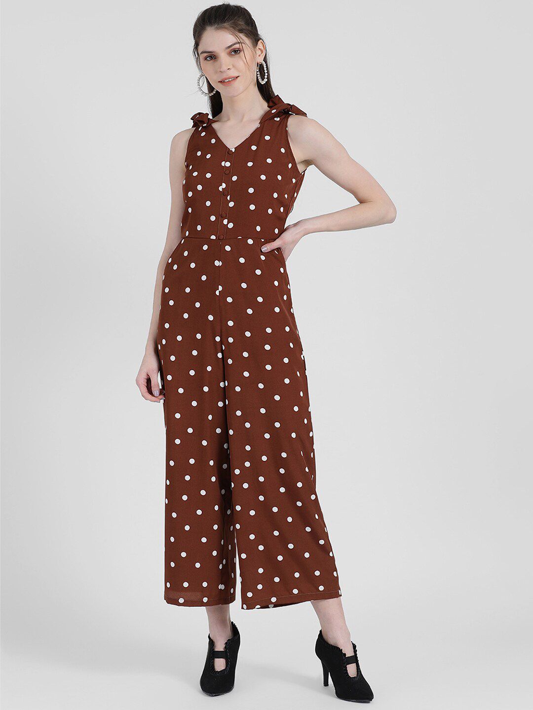 Zink London Women Brown & White Printed Basic Jumpsuit Price in India